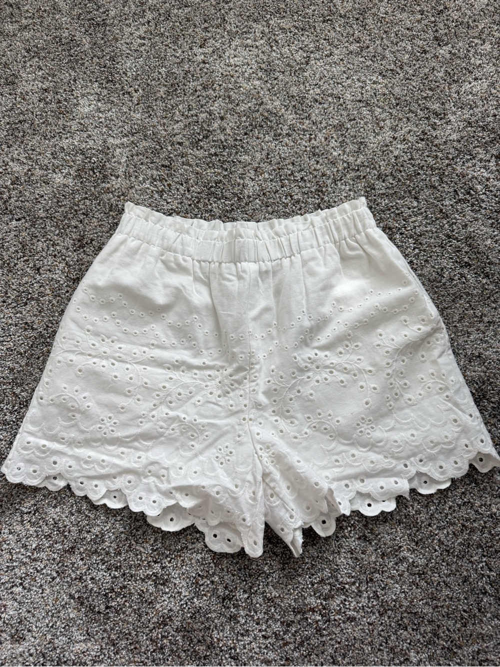 High-Waist White Eyelet Scallop-Hem Shorts